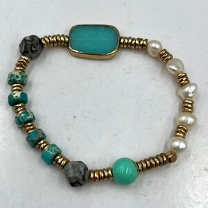 VTG Mixed Stone & Pearl Stretch Bracelet Turquoise Jasper Magnesite - Gold Tone